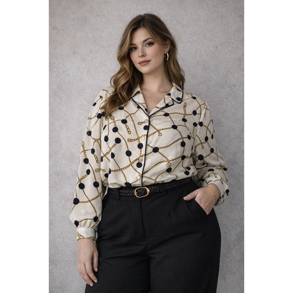 Vintage Leslie Fay Blouse 24W Chain Print Equestrian Preppy Office Chic Nautical